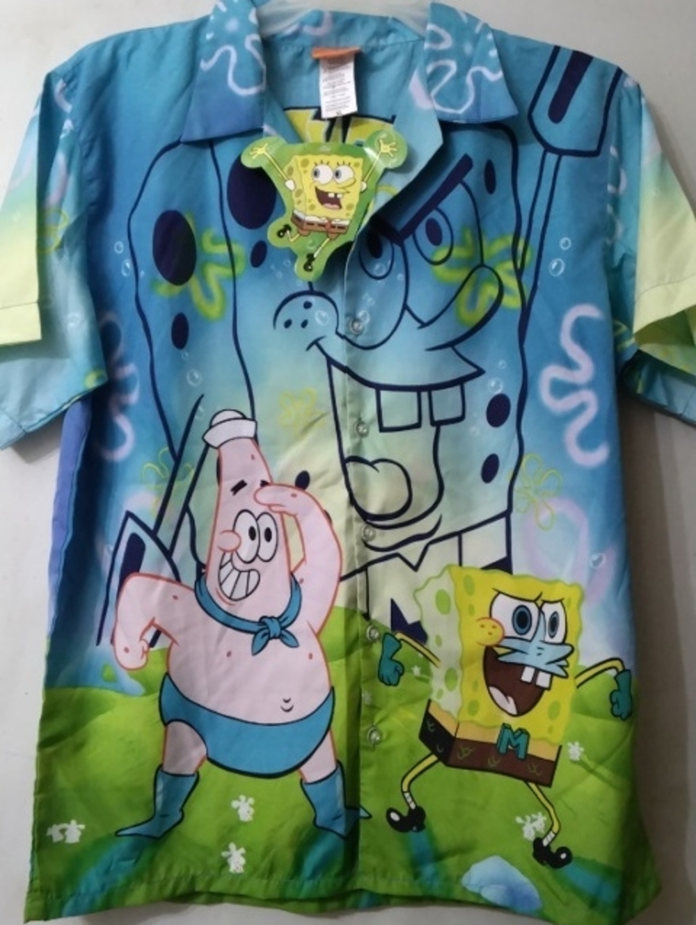 Vintage SpongeBob SquarePants Blue & Green Button-Up Shirt Men's Sz XL